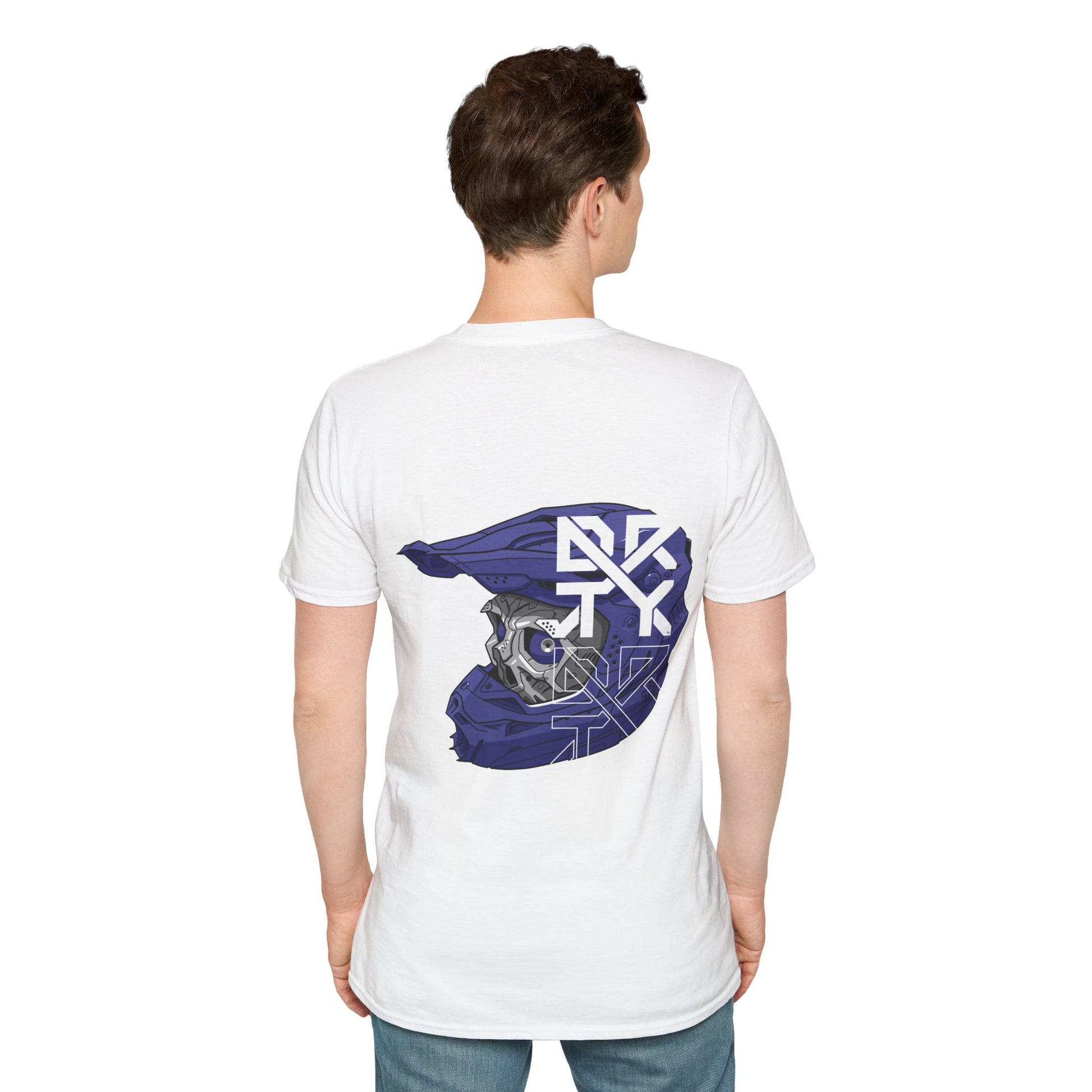 This image showcases a man with the back view of a T-shirt with a cyber skull inside of a motocross helmet with a DRTY X logo on the helmet.