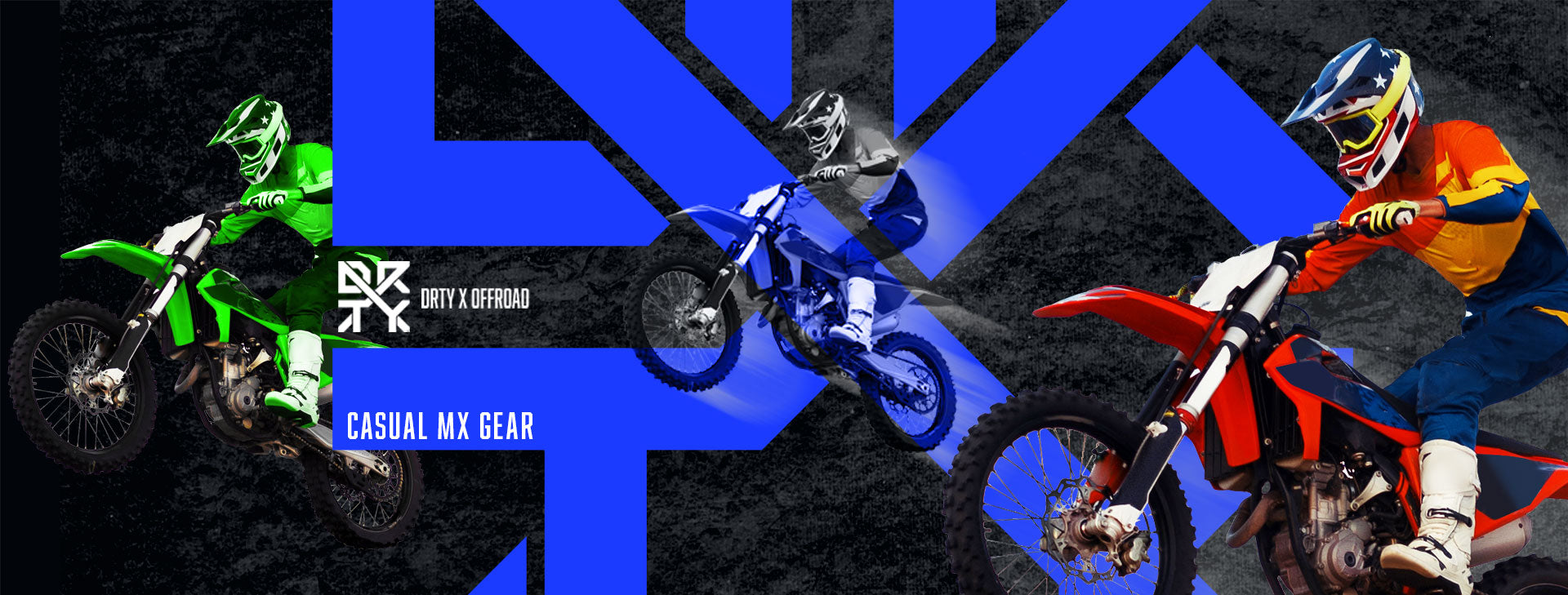 DRTY X Offroad Clothing banner with dirt bikes jumping in the air behind and in front of the logo. 