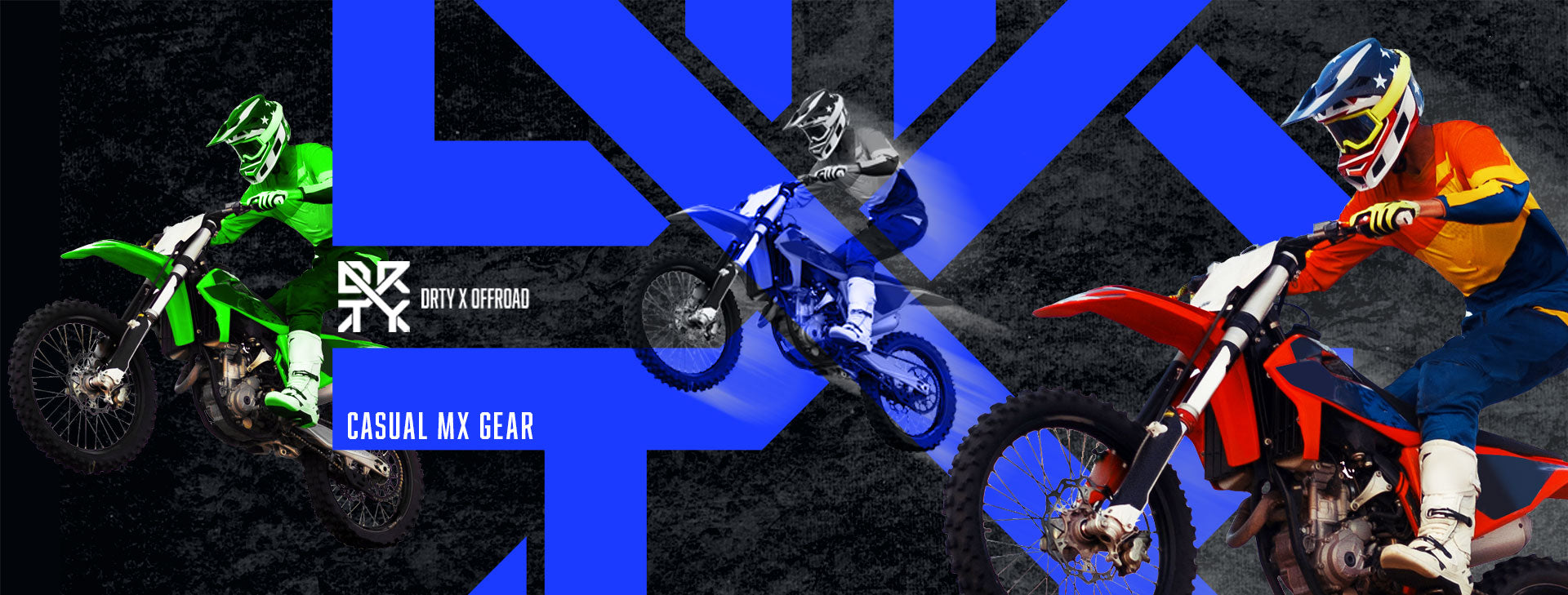 DRTY X Offroad Clothing banner with dirt bikes jumping in the air behind and in front of the logo.