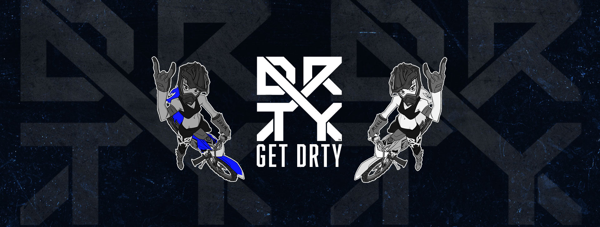 DRTYX Offroad Clothing banner with two motocross girls sitting on dirt bikes with the DRTY X Logo between them.
