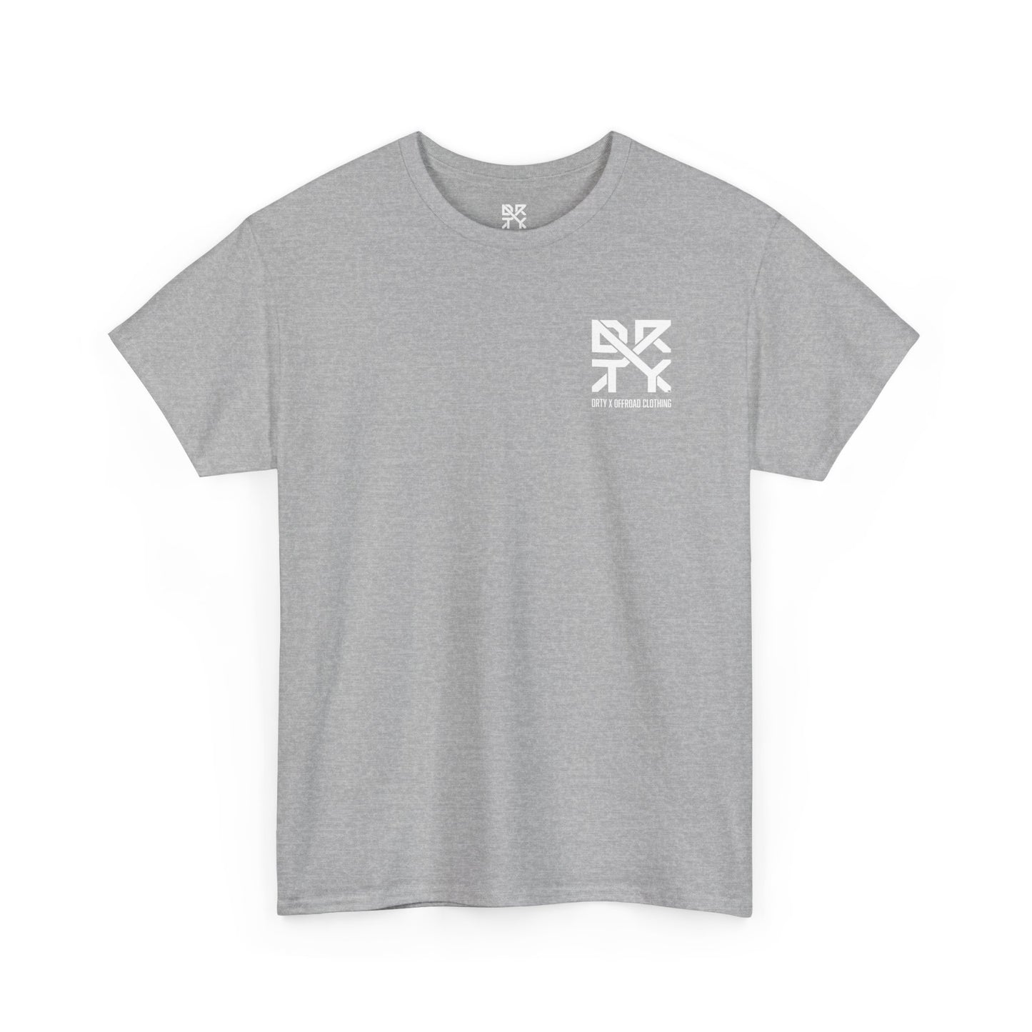 This image showcases a front view of a T-shirt with a left front chest with a DRTY X logo.