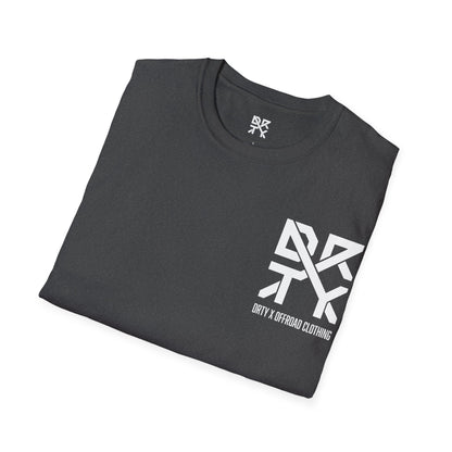 This image showcases a folded view of a T-shirt collar and left front chest with a DRTY X logo printed in both locations.