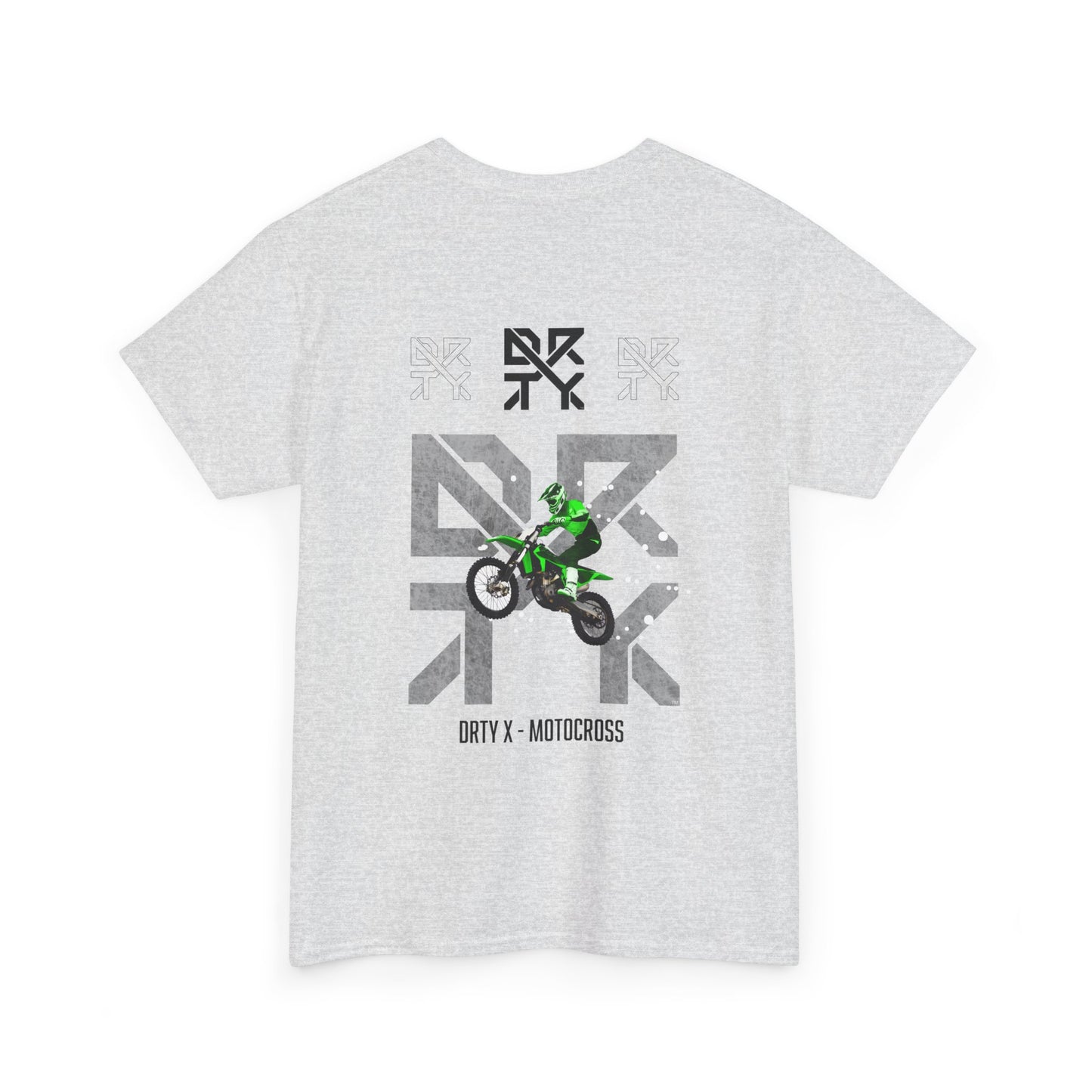 This image showcases the back view of a T-shirt with a motocross bike jumping over top of a DRTY X logo on the middle top and center back, with text below that says DRTY X motocross.