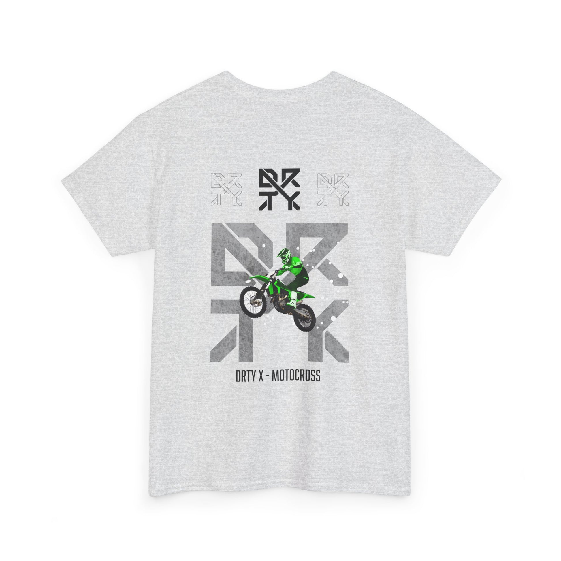 This image showcases the back view of a T-shirt with a motocross bike jumping over top of a DRTY X logo on the middle top and center back, with text below that says DRTY X motocross.