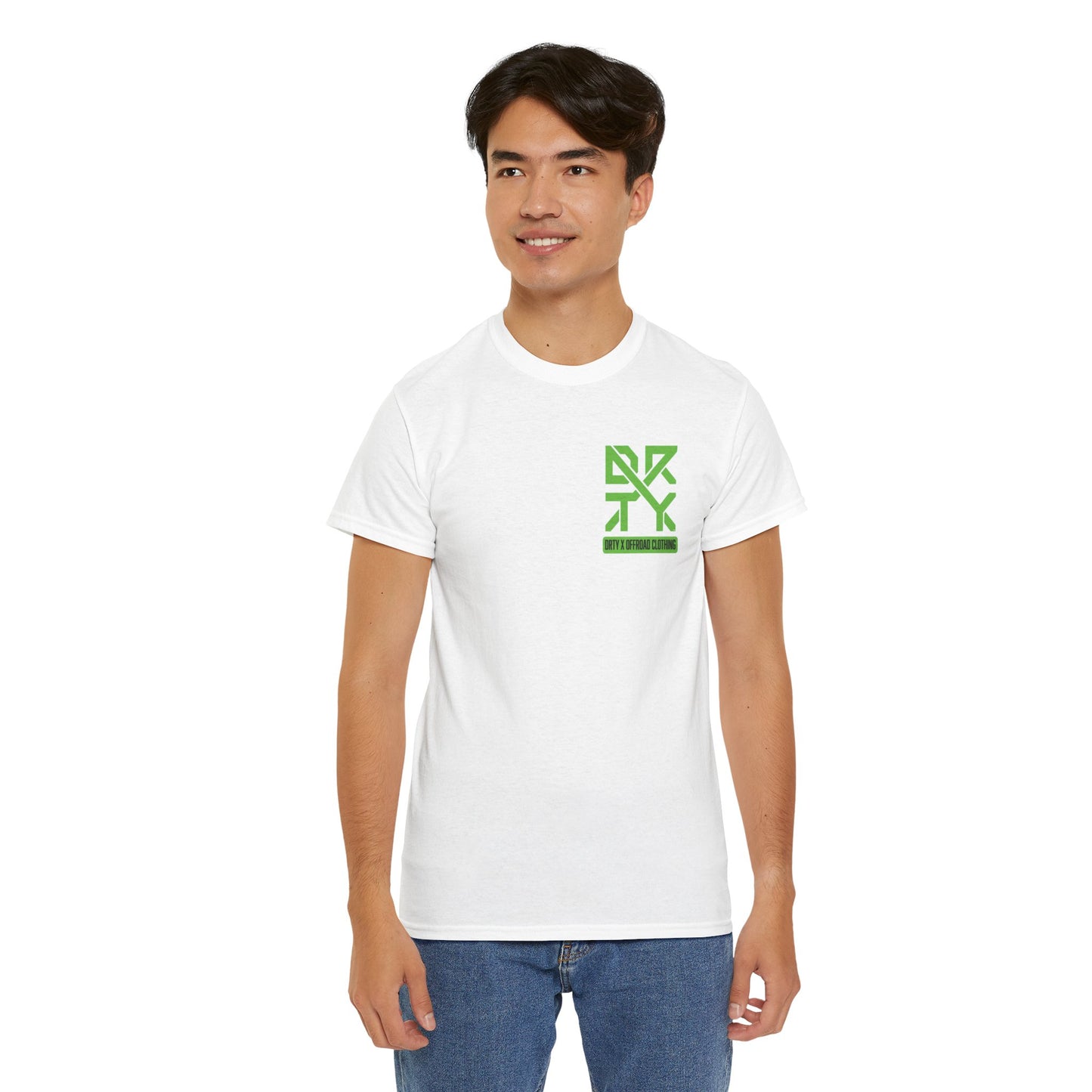 This image showcases a front view of a man wearing T-shirt with a left front chest with a DRTY X logo.