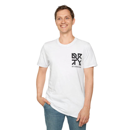 This image showcases a front view of a man wearing a T-shirt with a left front chest with a DRTY X logo.