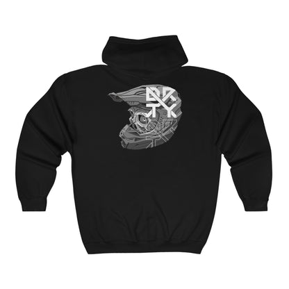 This image showcases the back view of a long sleeve hooded sweatshirt with a skull in a helmet and a DRTY X Logo on the helmet in the middle top of the back.