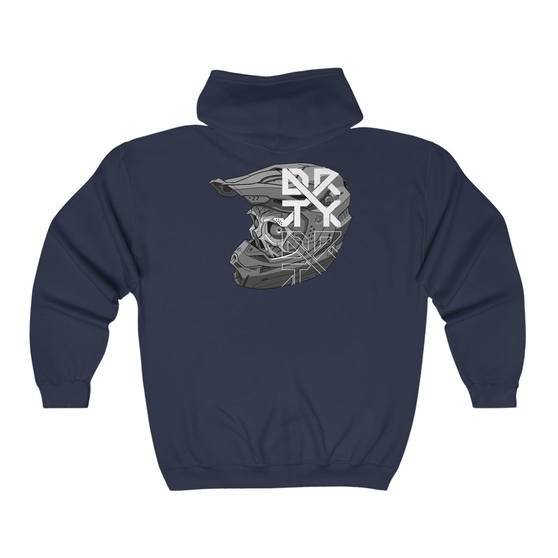 This image showcases the back view of a long sleeve hooded sweatshirt with a skull in a helmet and a DRTY X Logo on the helmet in the middle top of the back.