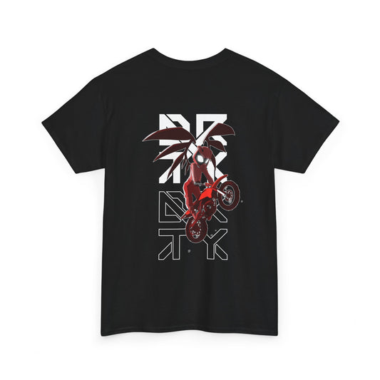 This image showcases the back view of a T-shirt with a winged rider with a red riding suit on and cartoon eyes in a helmet jumping a dirt bike over the DRTY X logo.