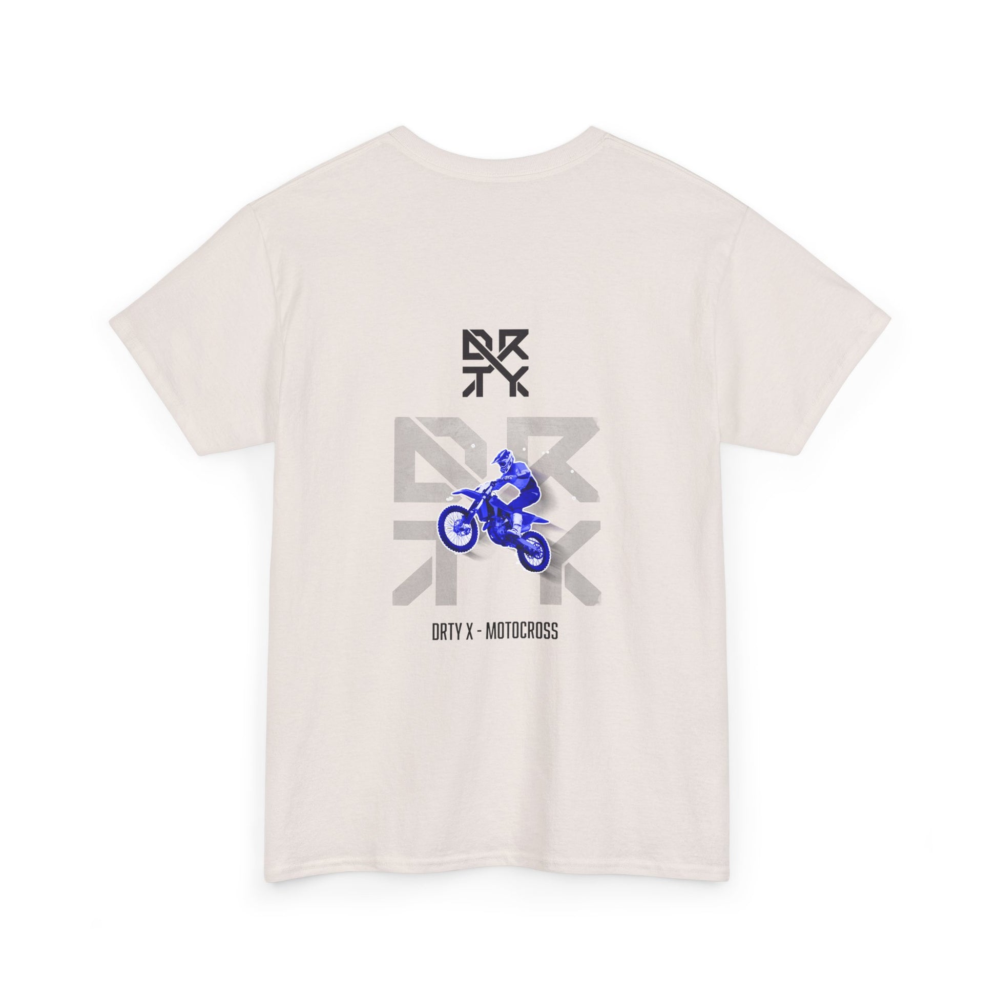 This image showcases the back view of a T-shirt with a motocross bike jumping over top of a DRTY X logo on the middle top and center back, with text below that says DRTY X motocross.