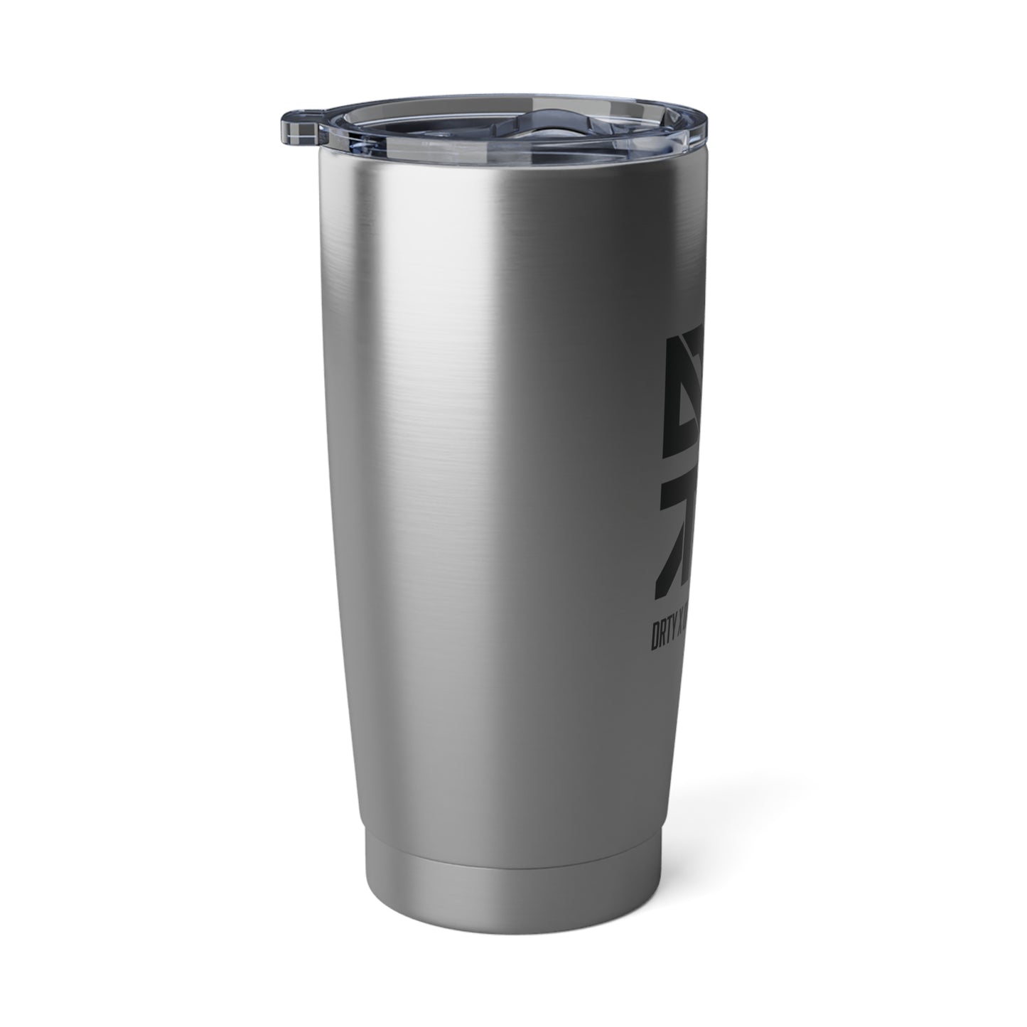 This is a side view of a cropped DRTY X branded stainless steel tumbler on a white background.
