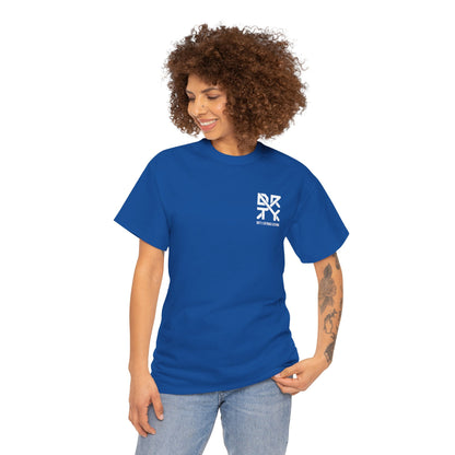 This image showcases a front view of a woman wearing a T-shirt with a left front chest with a DRTY X logo.