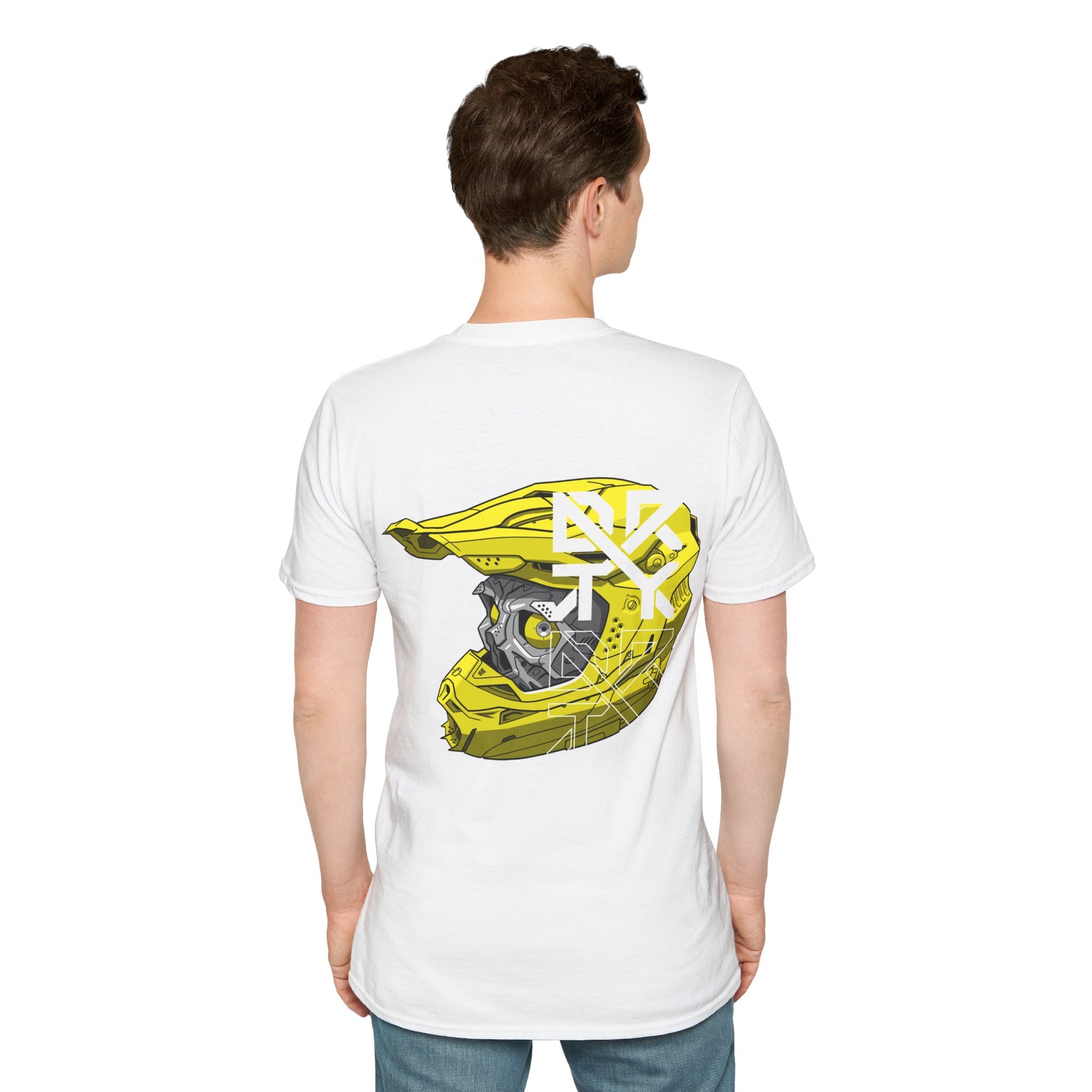 This image showcases a man with the back view of a T-shirt with a cyber skull inside of a motocross helmet with a DRTY X logo on the helmet.