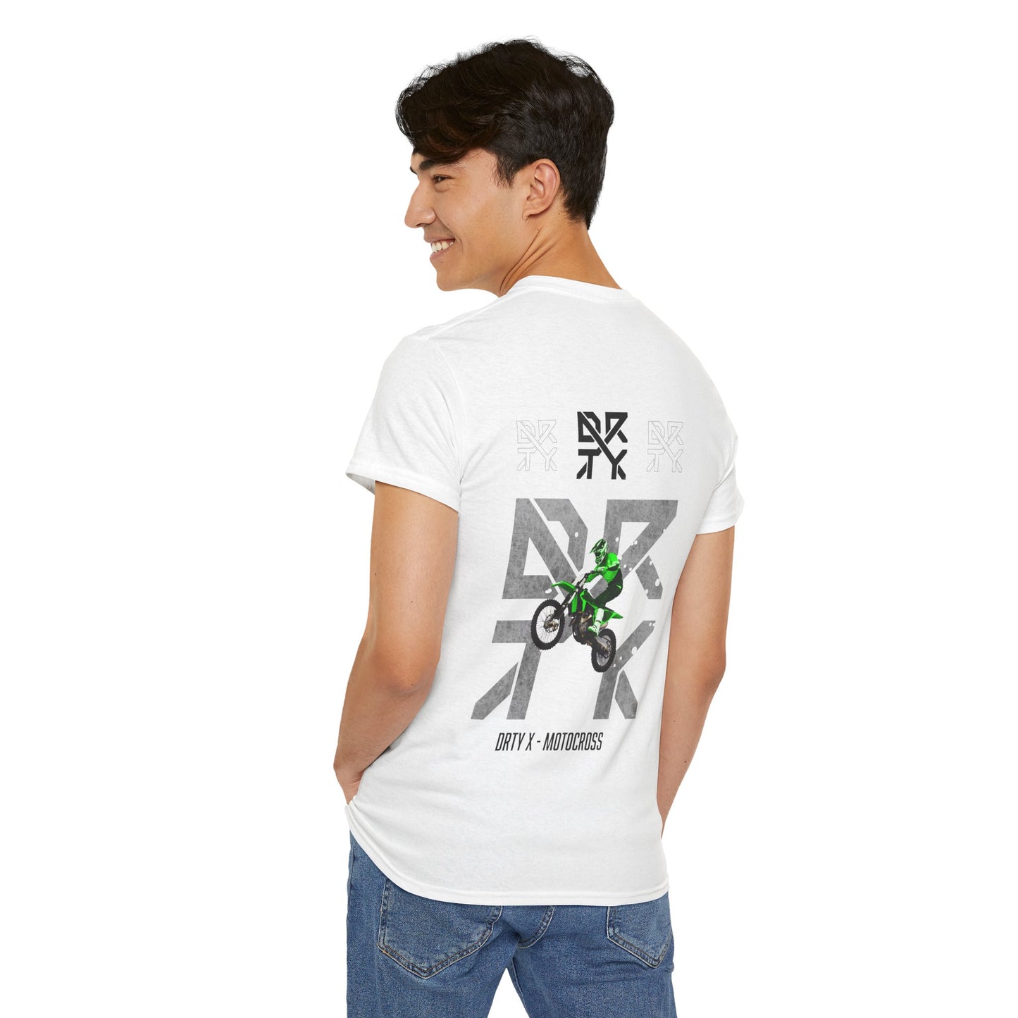 This image showcases a man wearing the back view of a T-shirt with a motocross bike jumping over top of a DRTY X logo on the middle top and center back, with text below that says DRTY X motocross.