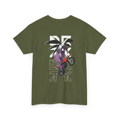 This image showcases the back view of a T-shirt with a winged rider with a dress and cartoon eyes in a helmet jumping a dirt bike over the DRTY X logo.