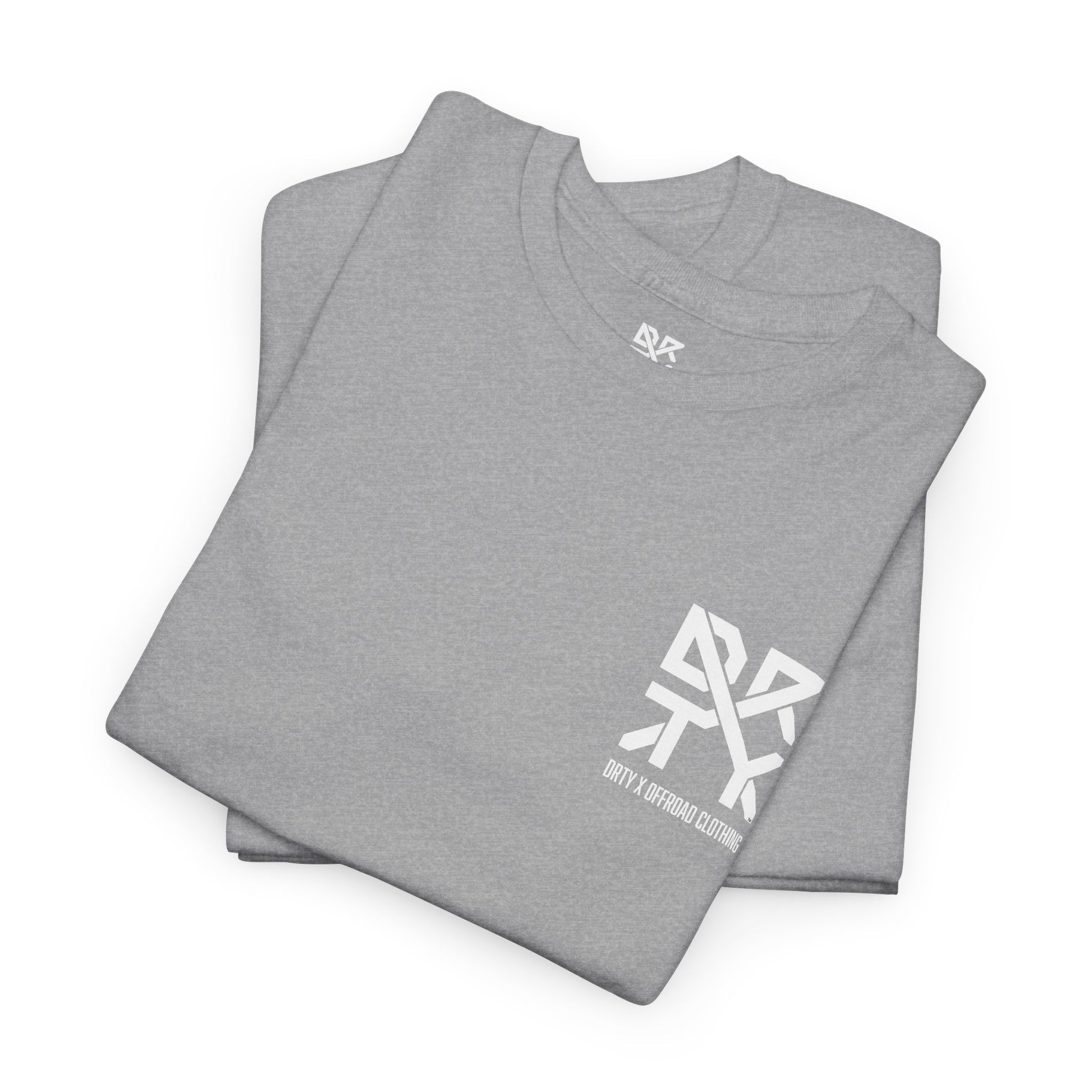 This image showcases a folded front view of the inside view of a T-shirt collar with a DRTY X logo printed on the inside. You can also see the DRTY X logo on the font top left of the shirt.