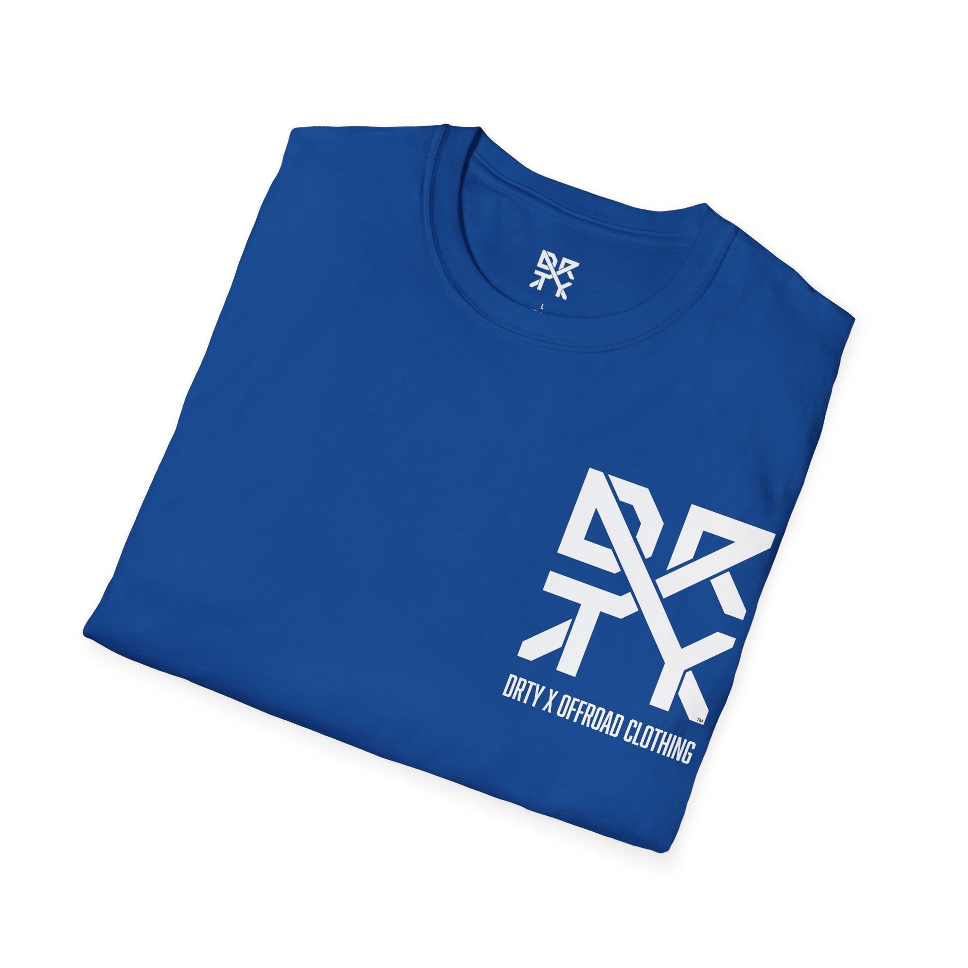 This image showcases a folded view of a T-shirt collar and left front chest with a DRTY X logo printed in both locations.