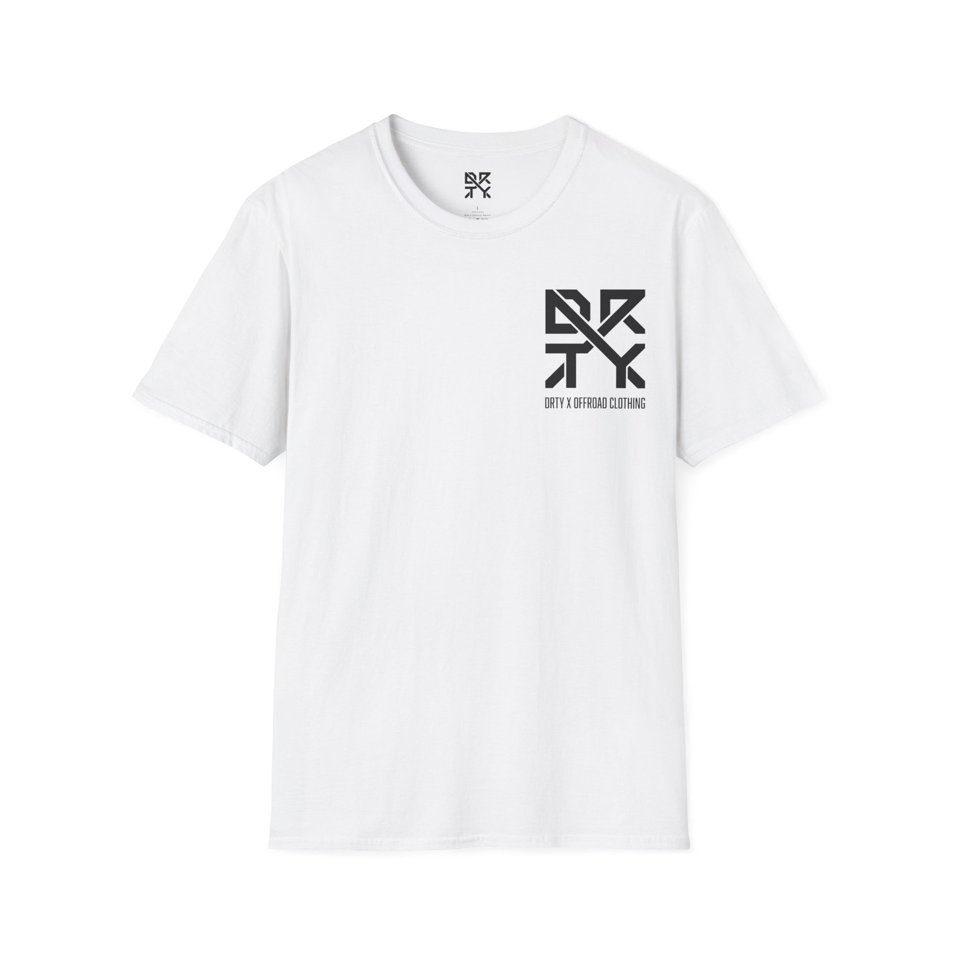 This image showcases a front view of a T-shirt with a left front chest with a DRTY X logo.