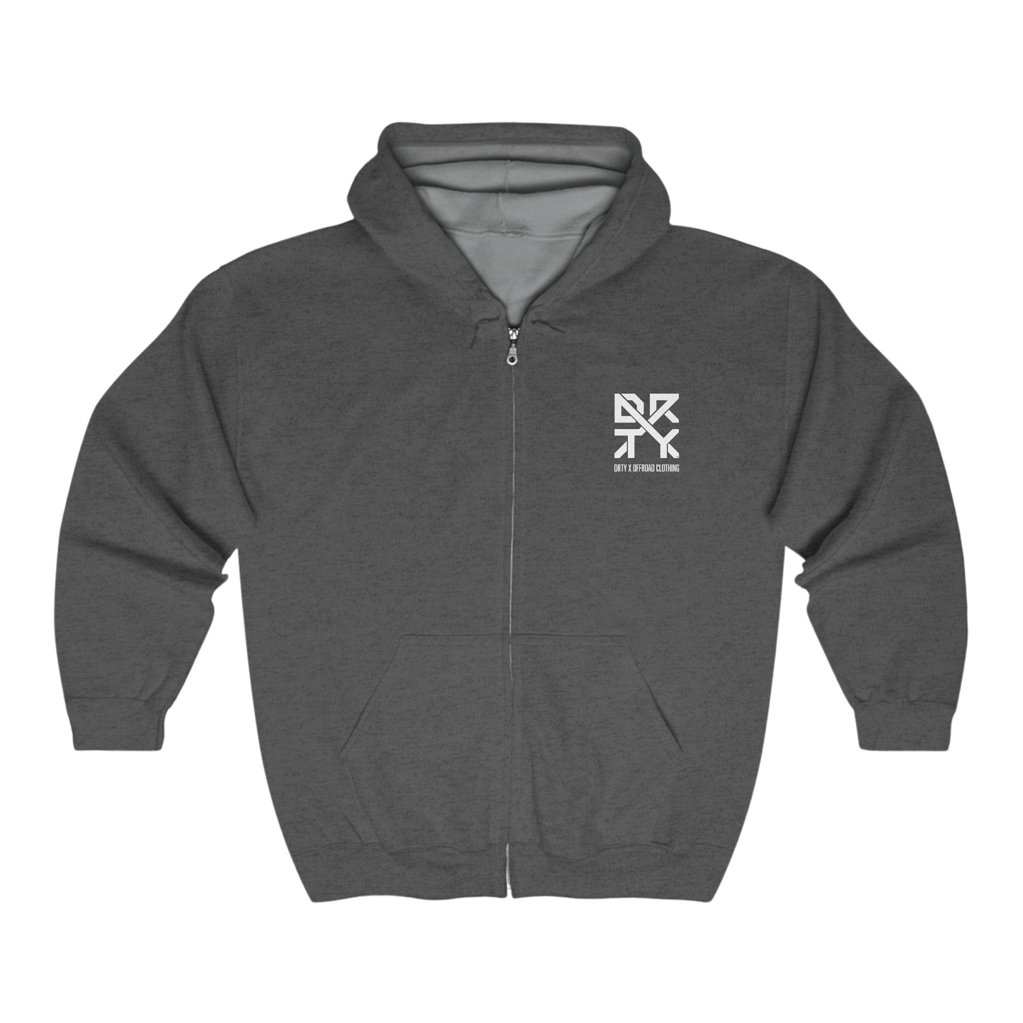 This image showcases the front view of a long sleeve hooded sweatshirt with a DRTY X Logo on the top left chest.