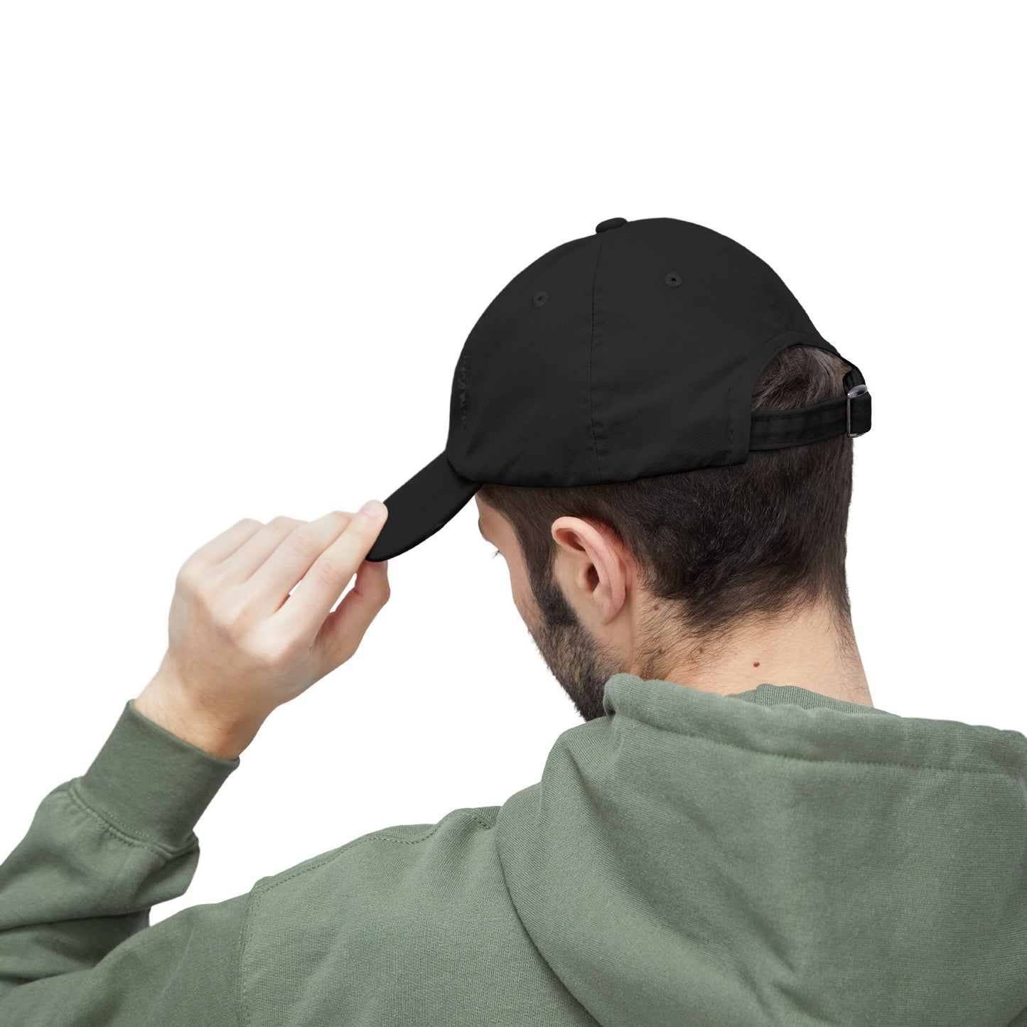 This image showcases the back view of a man wearing a hat and the adjustment strap.