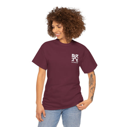 This image showcases a front view of a woman wearing a T-shirt with a left front chest with a DRTY X logo.