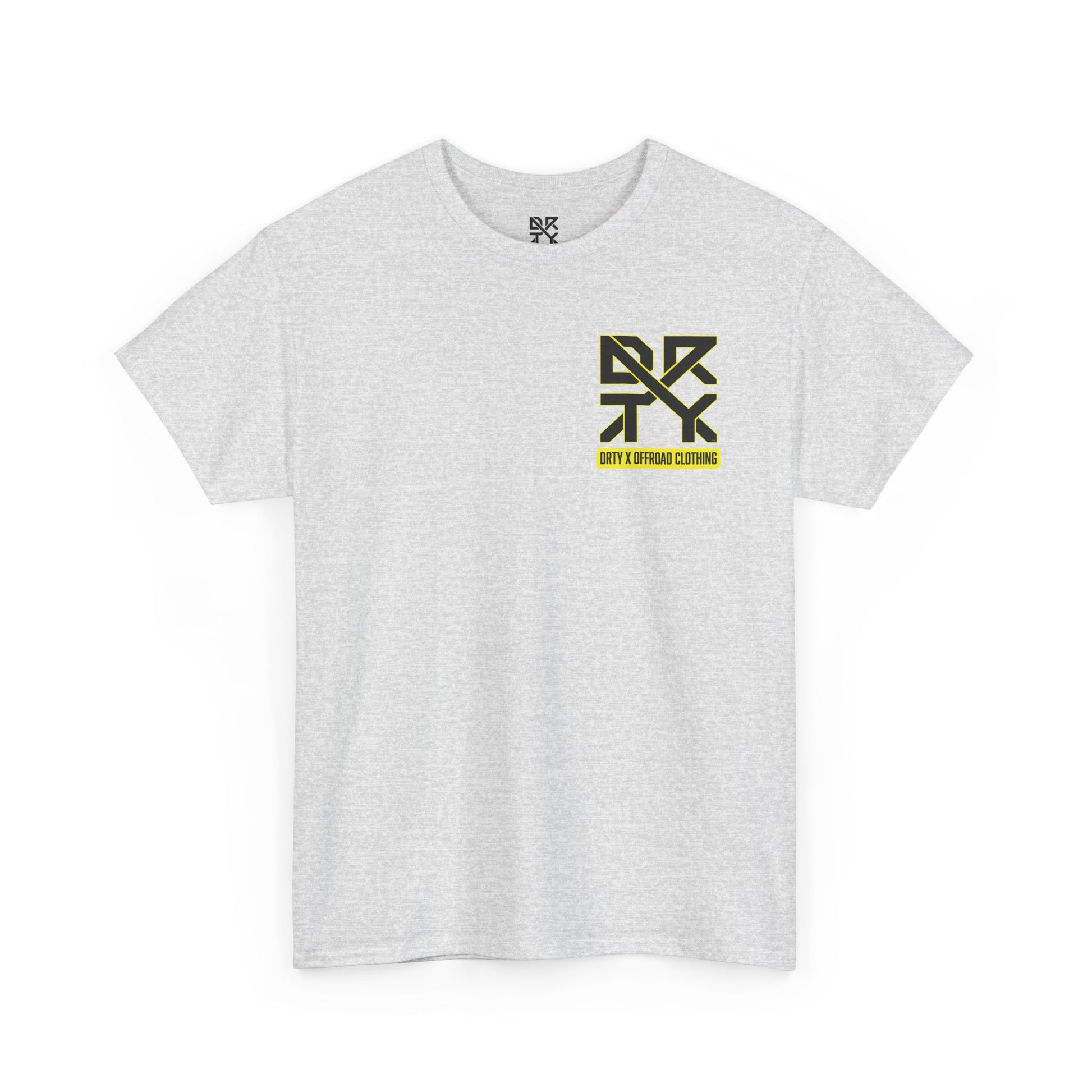 This image showcases a front view of a T-shirt with a left front chest with a DRTY X logo.