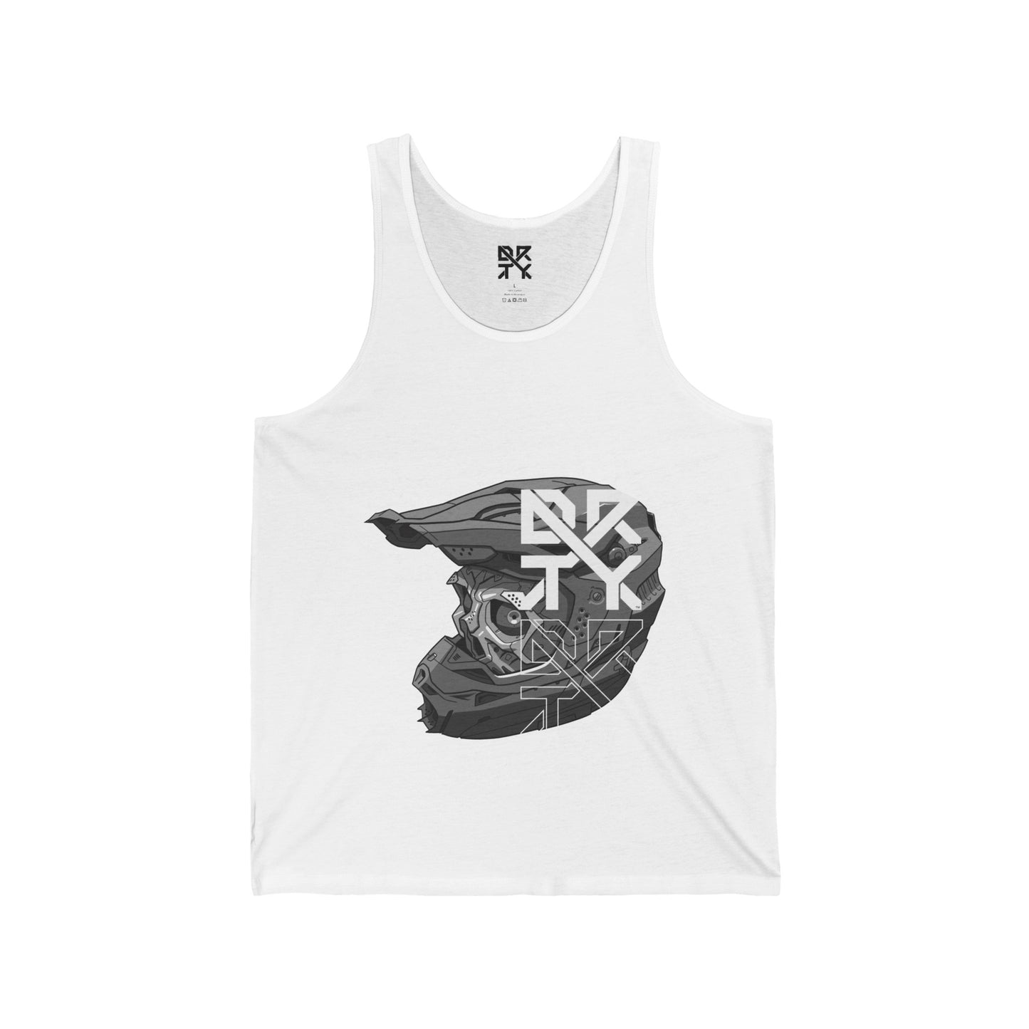 This image showcases the front view of a tank top with a cyber skull inside of a motocross helmet with a DRTY X logo on the helmet.