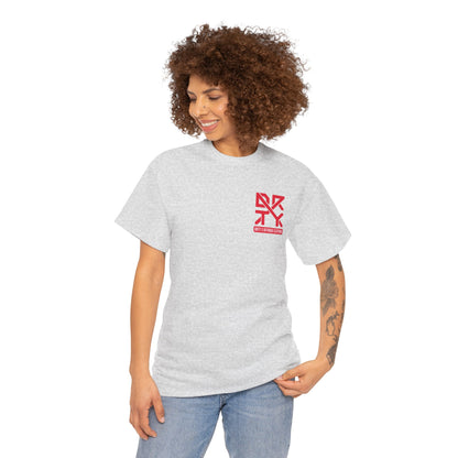 This image showcases a front view of a woman wearing T-shirt with a left front chest with a DRTY X logo.