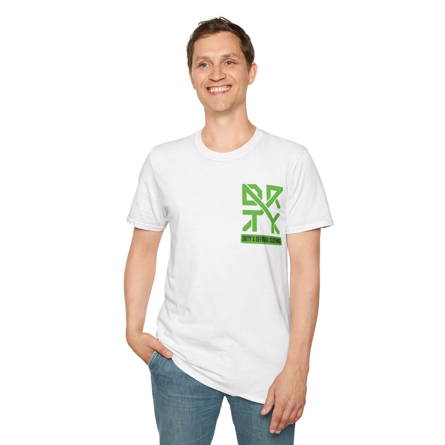 This image showcases a front view of a man wearing T-shirt with a left front chest with a DRTY X logo.