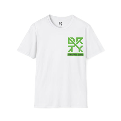 This image showcases a front view of a T-shirt with a left front chest with a DRTY X logo.