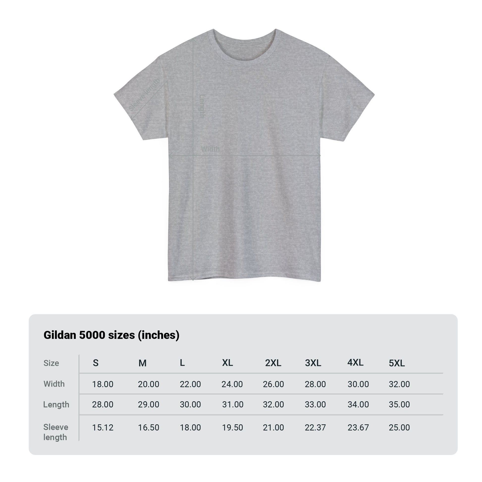 This image includes measurement marks and sizing table for the Gildan 5000 shirt sizes.