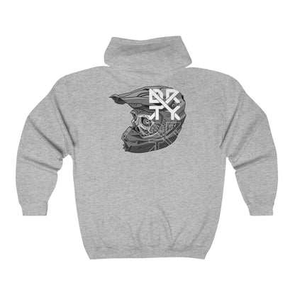 This image showcases the back view of a long sleeve hooded sweatshirt with a skull in a helmet and a DRTY X Logo on the helmet in the middle top of the back.