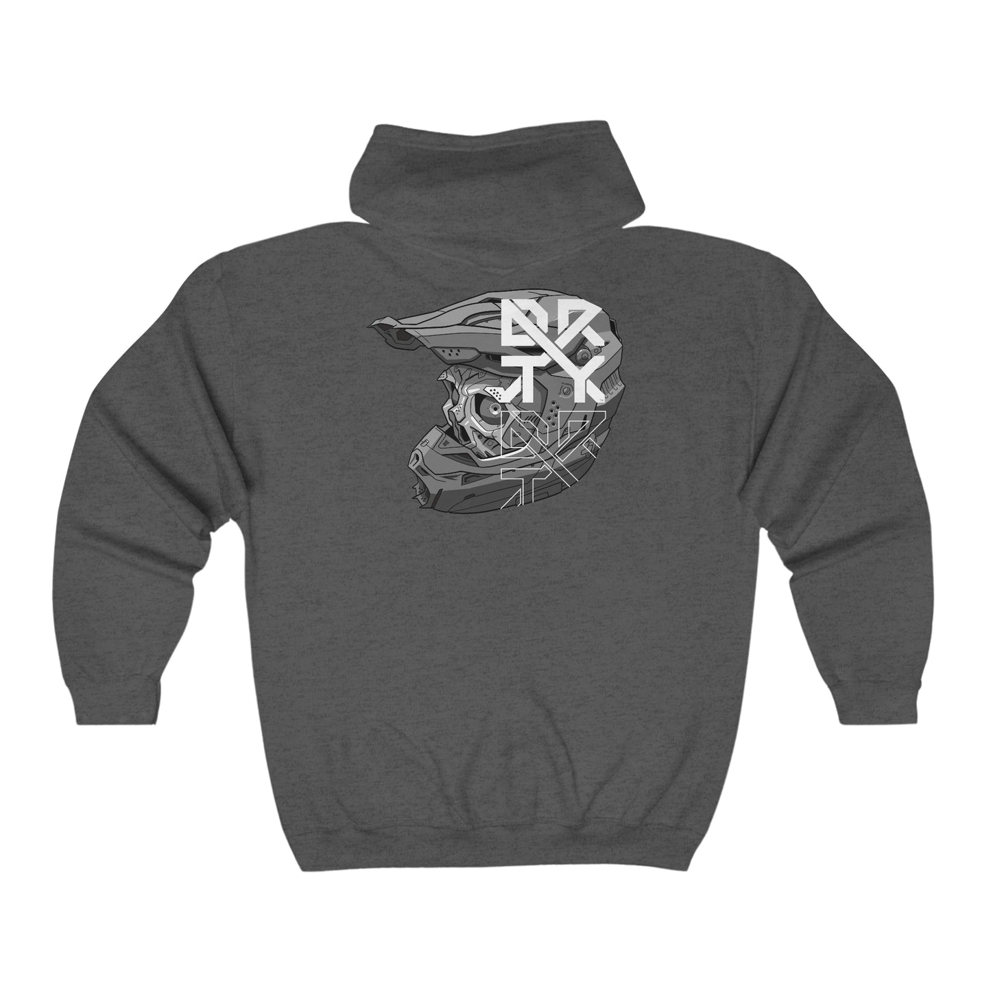 This image showcases the back view of a long sleeve hooded sweatshirt with a skull in a helmet and a DRTY X Logo on the helmet in the middle top of the back.