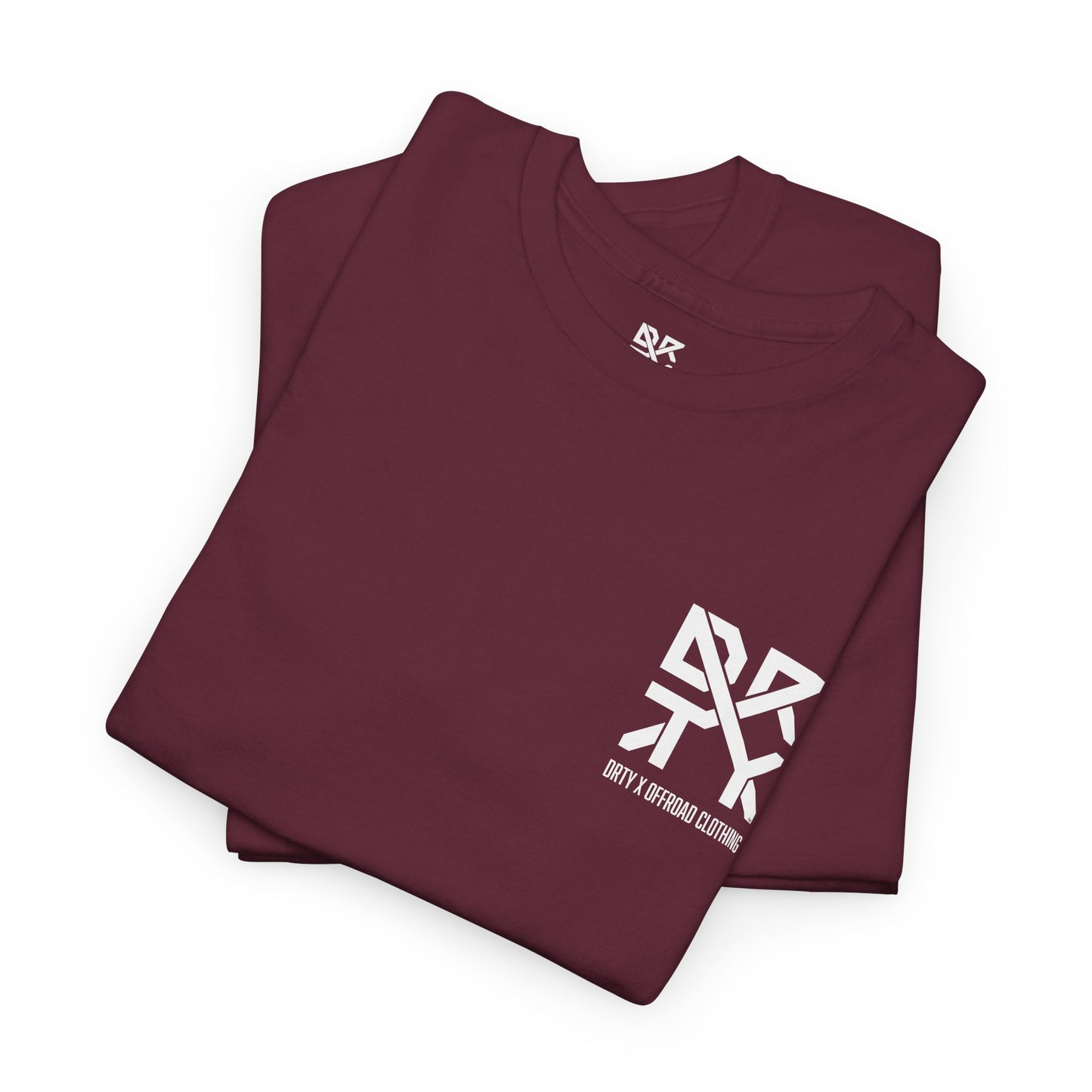 This image showcases a folded front view of the inside view of a T-shirt collar with a DRTY X logo printed on the inside. You can also see the DRTY X logo on the font top left of the shirt.