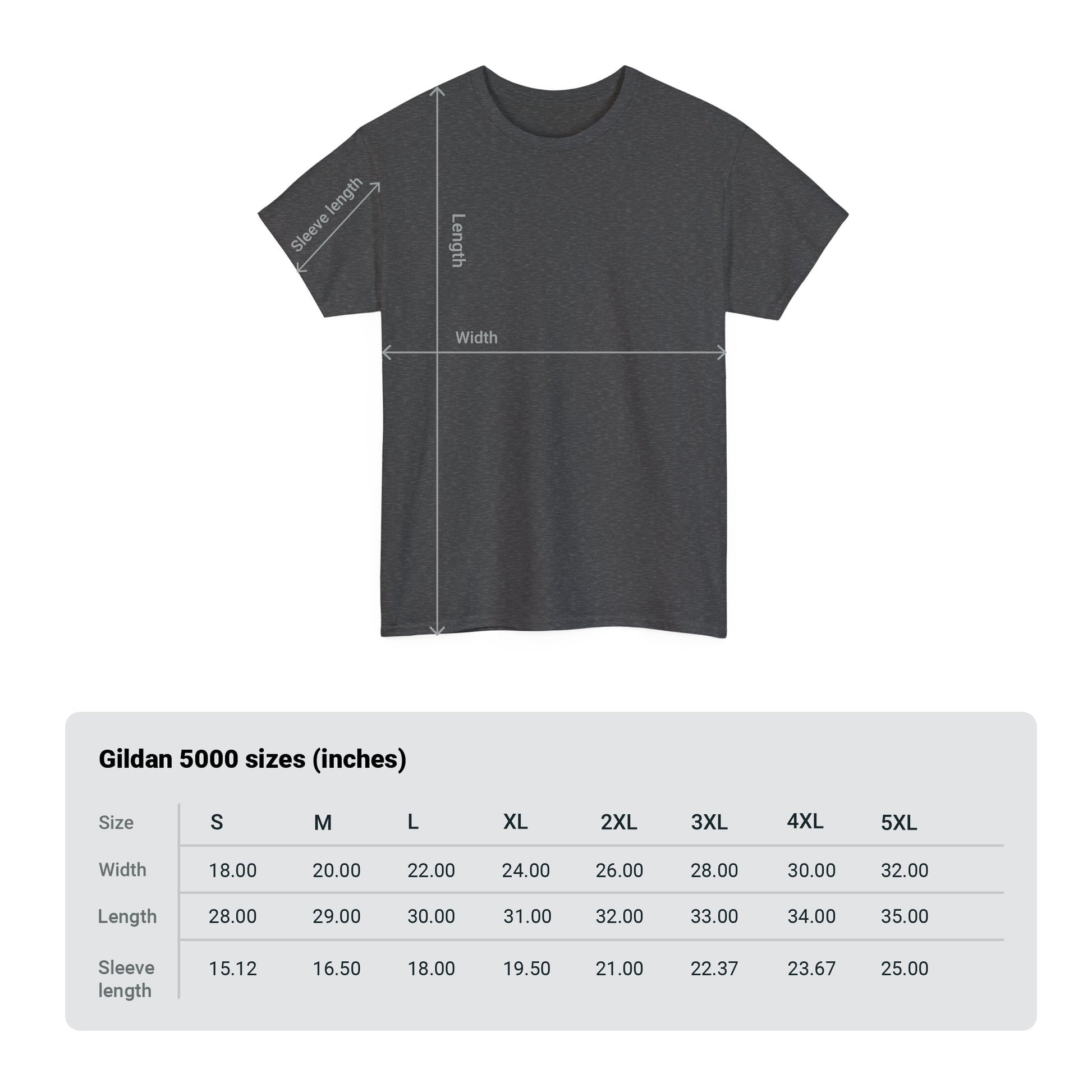 This image includes measurement marks and sizing table for the Gildan 5000 shirt sizes.