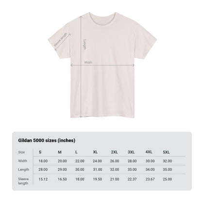 This image includes measurement marks and sizing table for the Gildan 5000 shirt sizes.