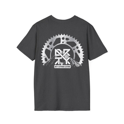 This image showcases the back view of a T-shirt with a gear surrounding a DRTY X logo on the lower left of the T-Shirt.