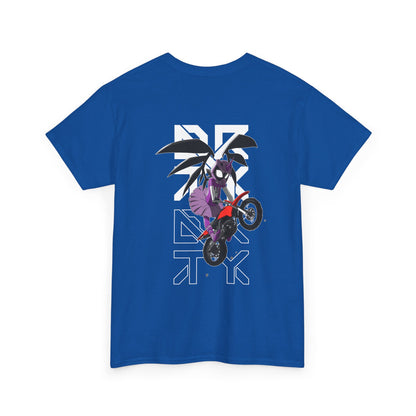 This image showcases the back view of a T-shirt with a winged rider with a dress and cartoon eyes in a helmet jumping a dirt bike over the DRTY X logo.