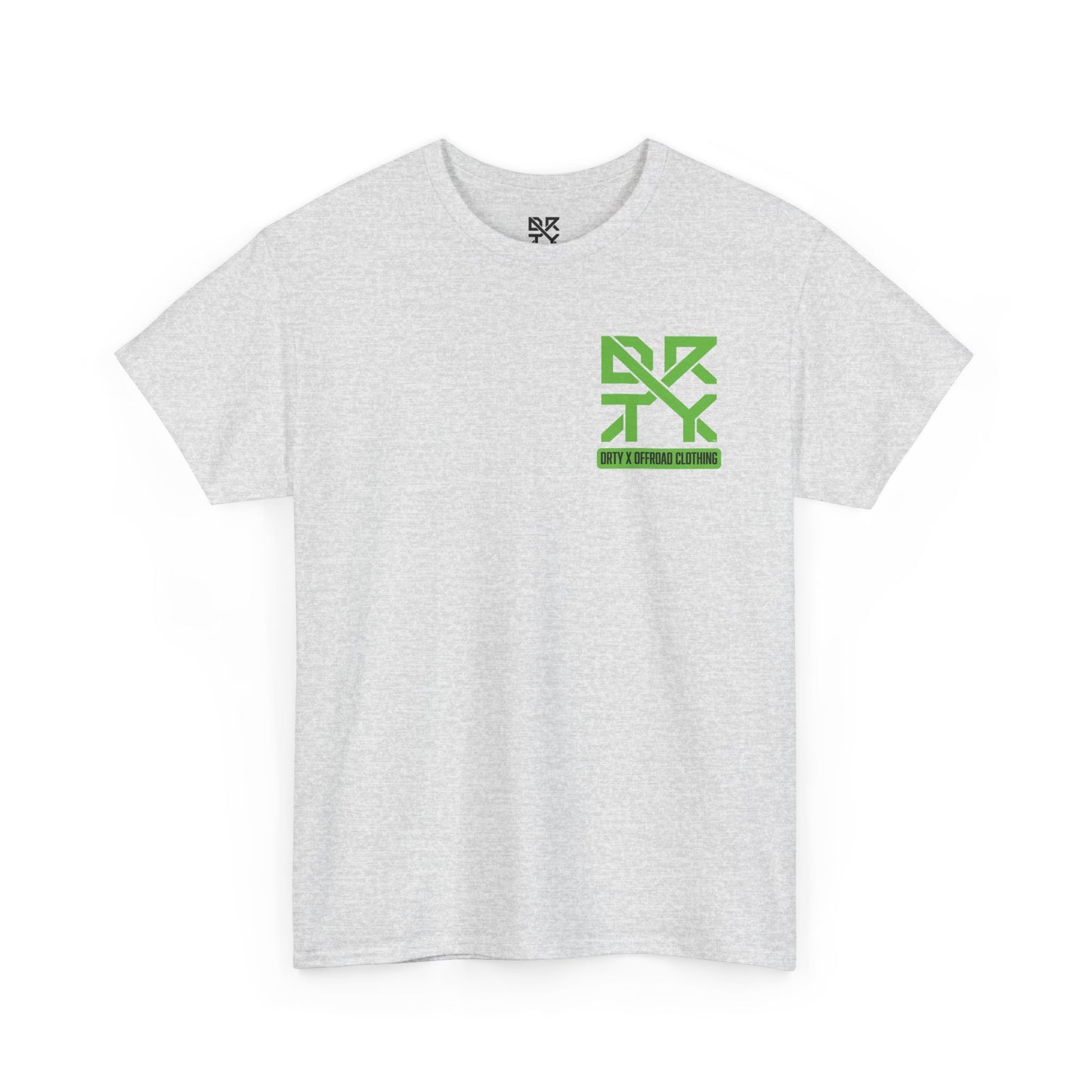 This image showcases a front view of a T-shirt with a left front chest with a DRTY X logo.