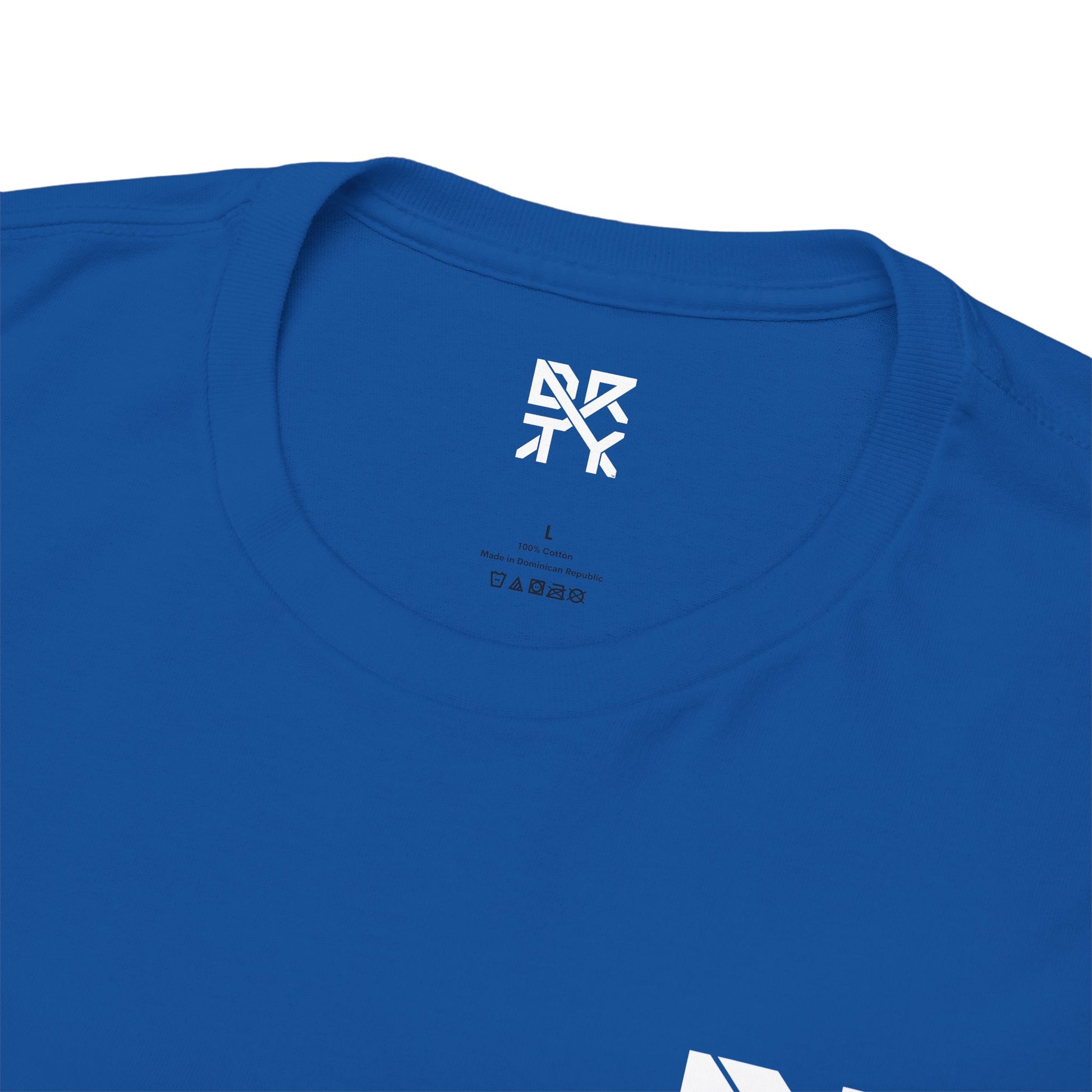 This image showcases the inside view of a T-shirt collar with a DRTY X logo printed on the inside.