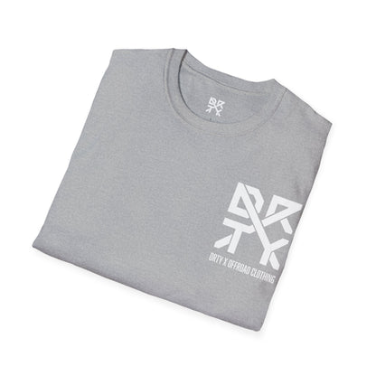 This image showcases a folded view of a T-shirt collar and left front chest with a DRTY X logo printed in both locations.