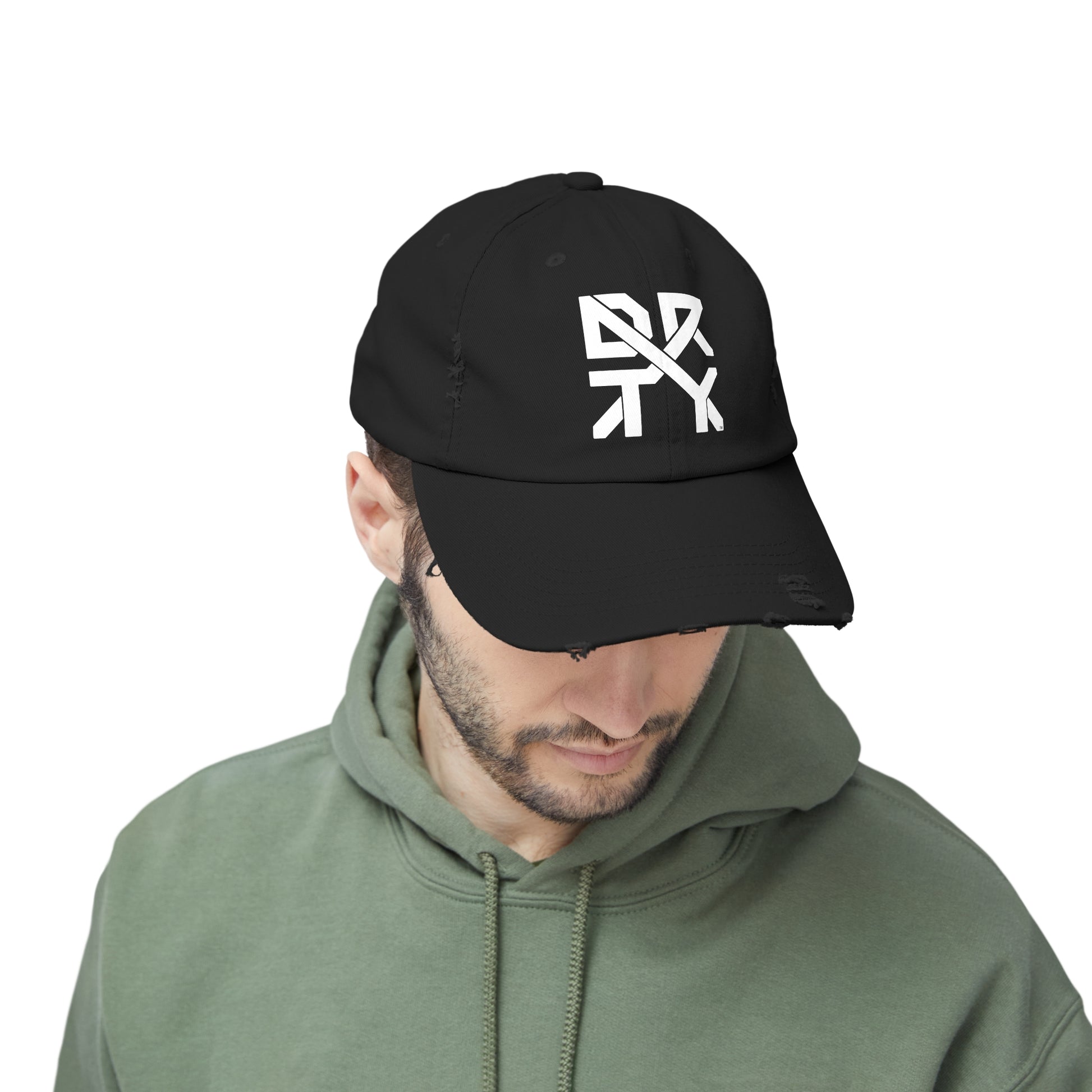 This image showcases the front view of a hat on a man  with the DRTYX logo in the center of the hat.