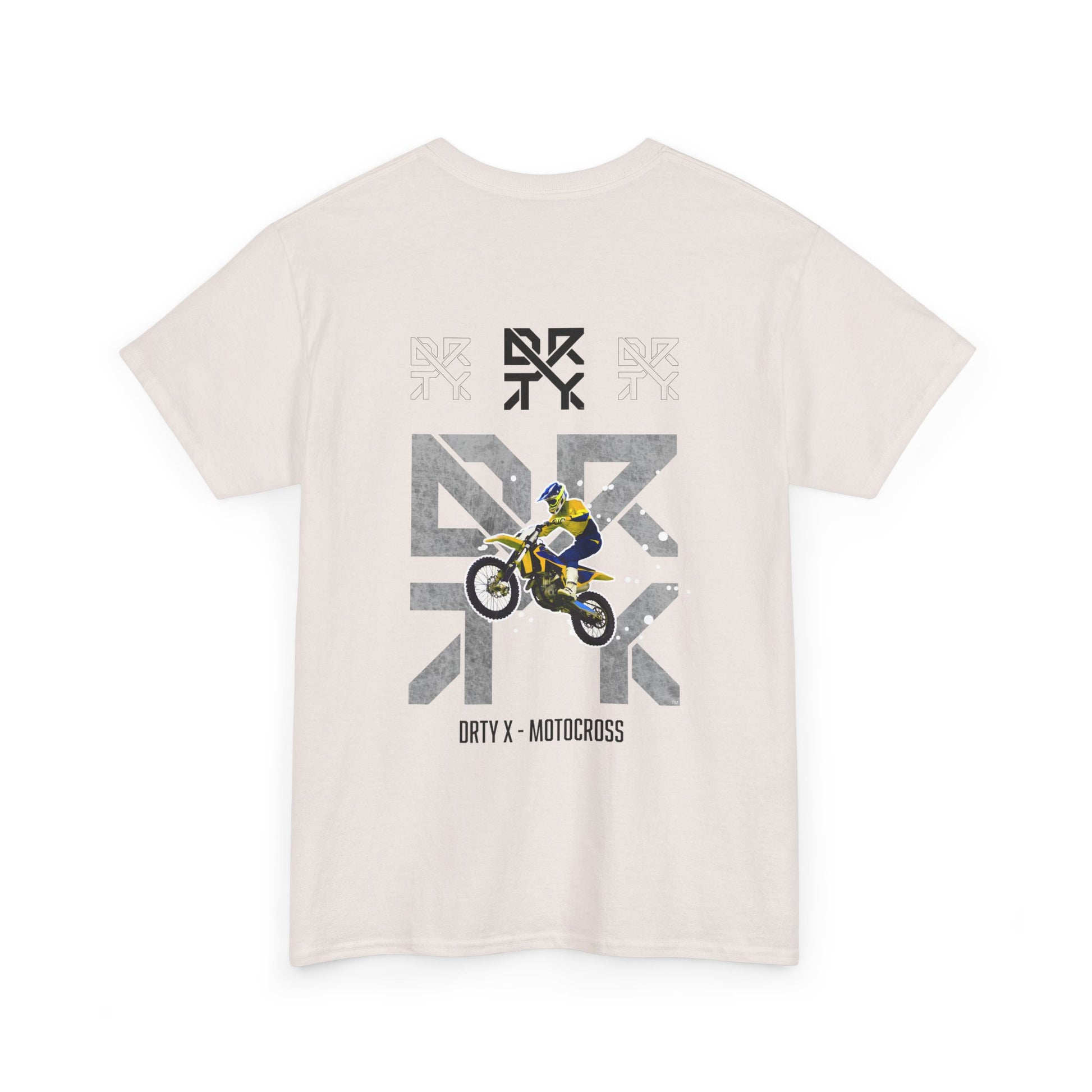 This image showcases the back view of a T-shirt with a motocross bike jumping over top of a DRTY X logo on the middle top and center back, with text below that says DRTY X motocross.