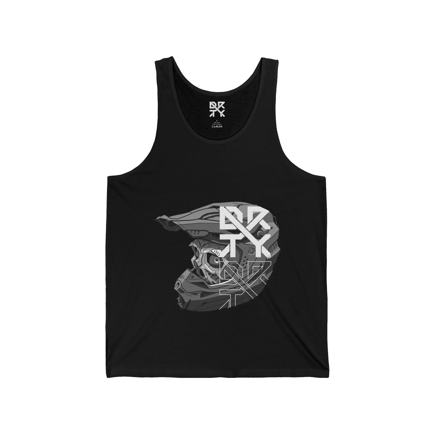 This image showcases the front view of a tank top with a cyber skull inside of a motocross helmet with a DRTY X logo on the helmet.