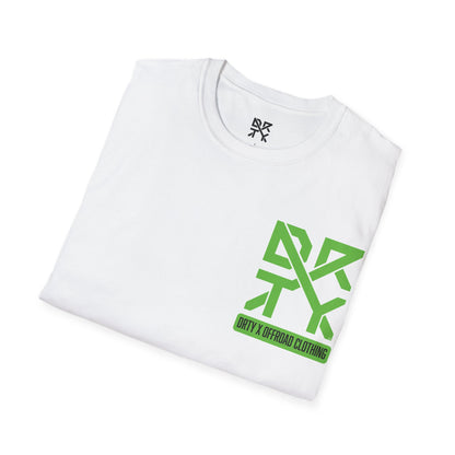 This image showcases a folded view of a T-shirt collar and left front chest with a DRTY X logo printed in both locations.