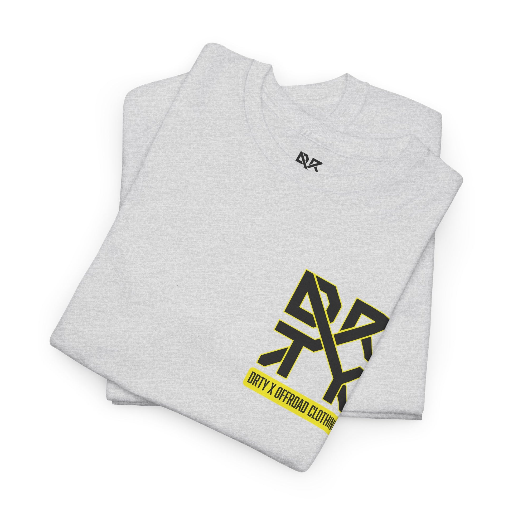 This image showcases a folded view of a T-shirt collar and left front chest with a DRTY X logo printed in both locations.