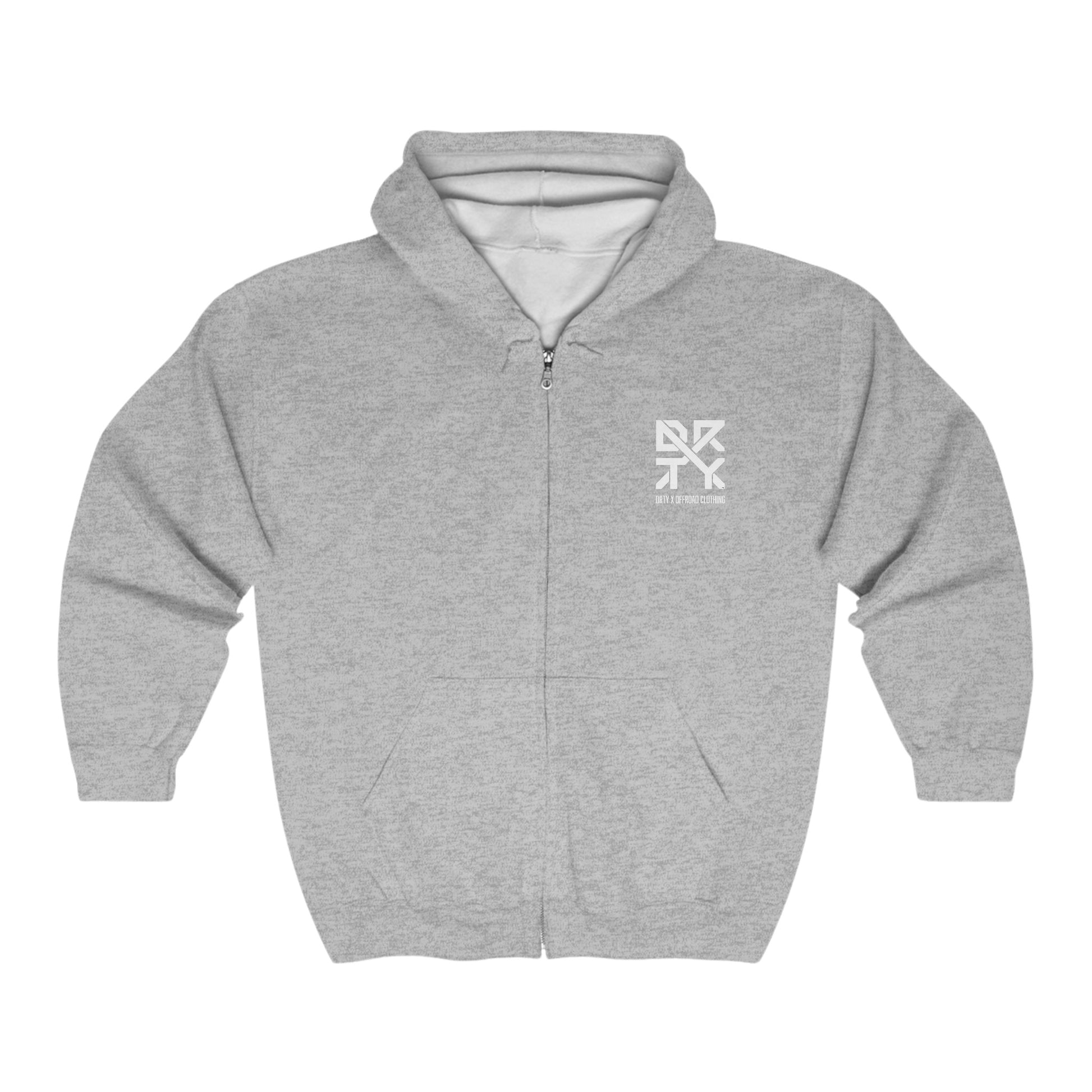 This image showcases the front view of a long sleeve hooded sweatshirt with a DRTY X Logo on the top left chest.