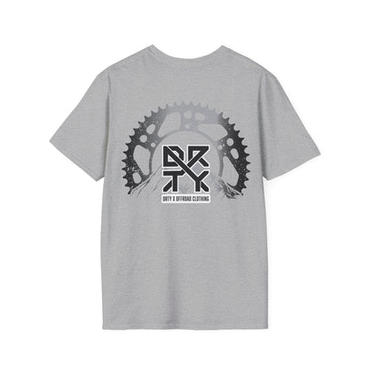 This image showcases the back view of a T-shirt with a gear surrounding a DRTY X logo on the lower left of the T-Shirt.