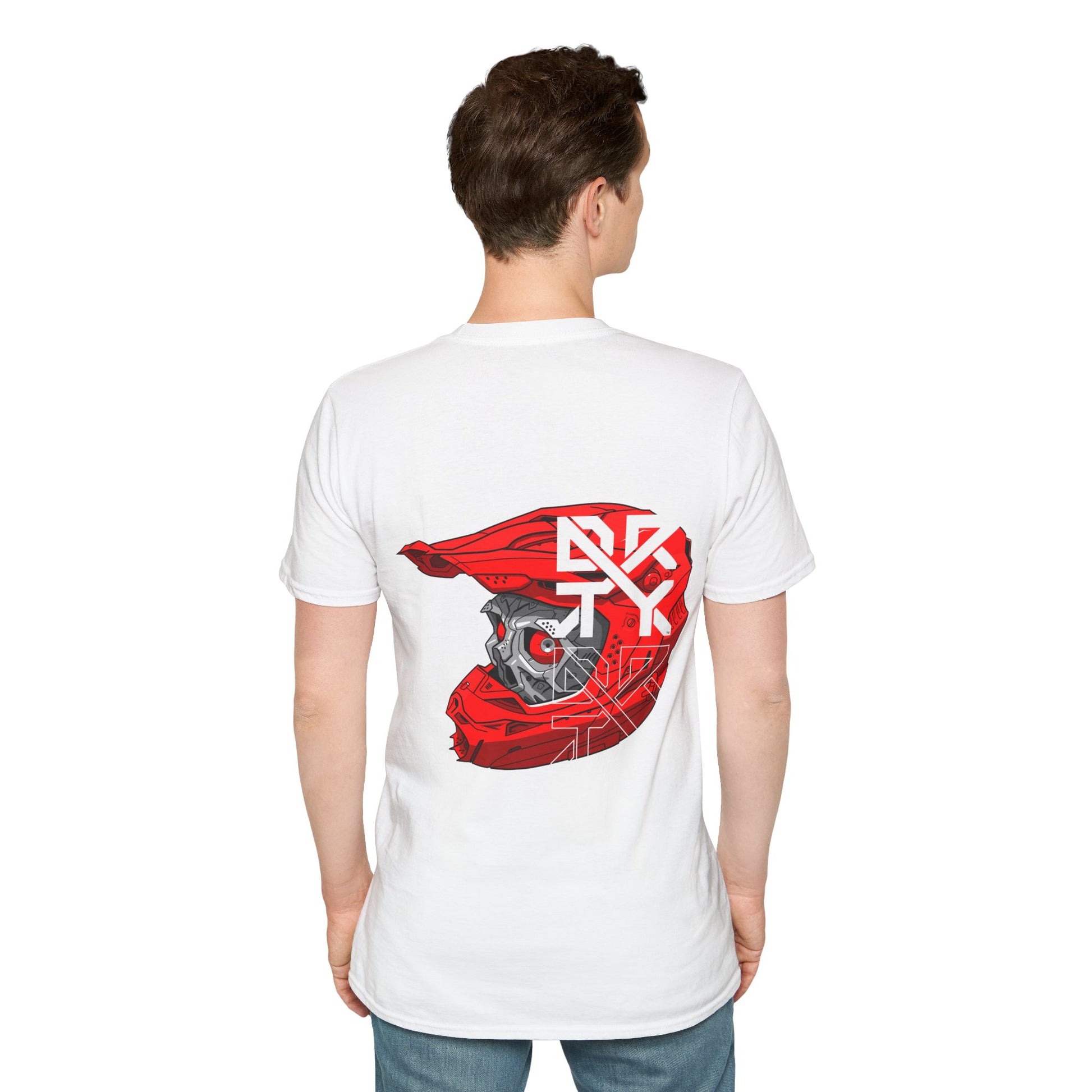This image showcases a man with the back view of a T-shirt with a cyber skull inside of a motocross helmet with a DRTY X logo on the helmet.