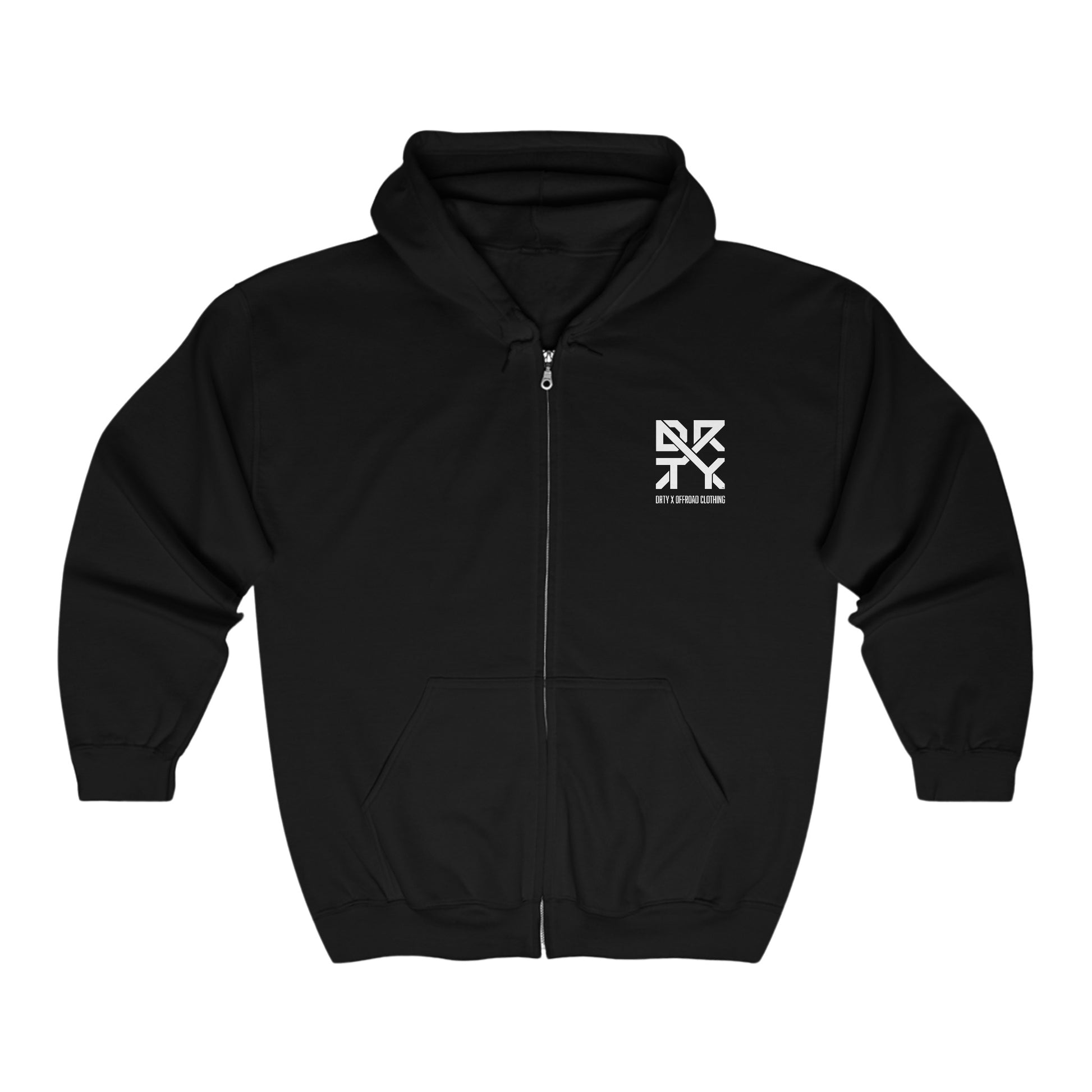 This image showcases the front view of a long sleeve hooded sweatshirt with a DRTY X Logo on the top left chest.